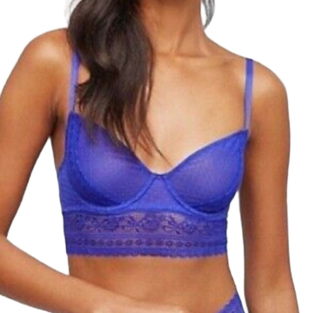 NWT Free People Get Off My Cloud Longline Lace Bra Cobalt Blue 32B